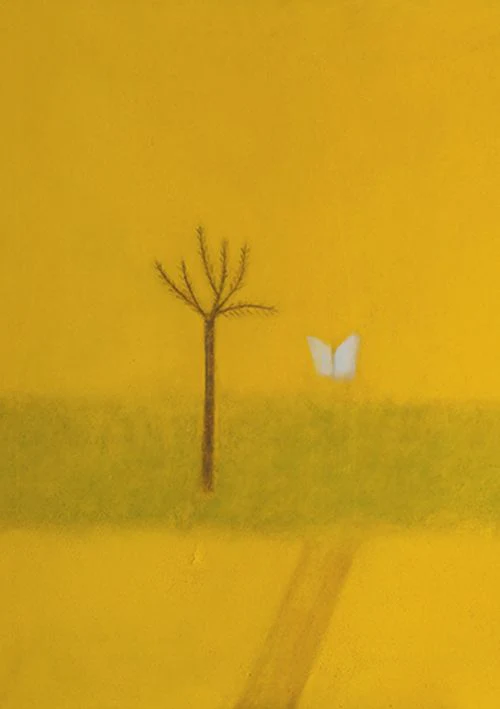 Craigie Aitchison - White Butterfly, Yellow Painting
