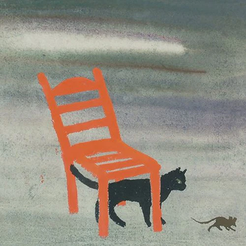 Mary Fedden - A cat and mouse beneath an orange chair